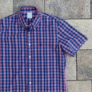 Vintage BROOKS BROTHERS Milano Supima Button Up Blue Red Plaid Shirt Size Medium